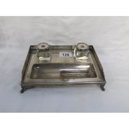 128 - A silver plated inkstand with 2 inkwells