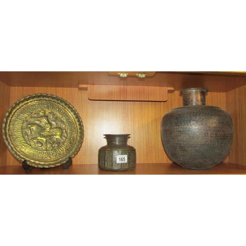 165 - 2 middle eastern bronze pots and an interesting brass tray of a man on horseback