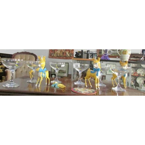 33 - 6 Babycham glasses and 5 Babycham figures