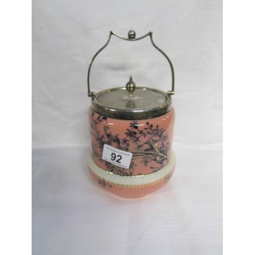 92 - A 19th century Staffordshire biscuit barrel with plated lid and handle