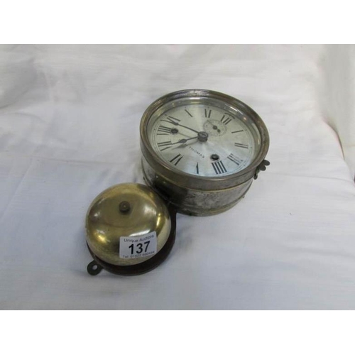 137 - An unusual 8 day Seth Thomas brass and nickel plated wall clock with bell