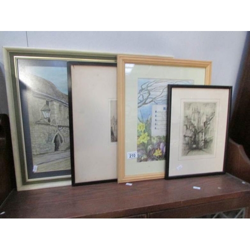 210 - A watercolour, 2 etchings and a 'March' watercolour