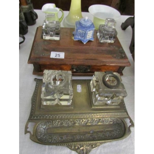 25 - 3 ink stands including brass (bottles a/f), oak with drawer and Chinese porcelain