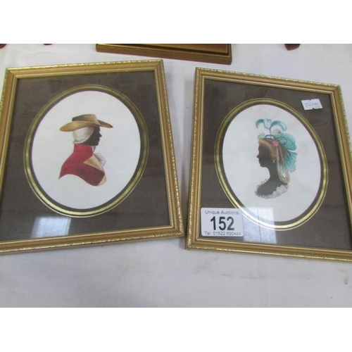 152 - 2 framed and glazed silhouettes and a framed and glazed miniature portrait