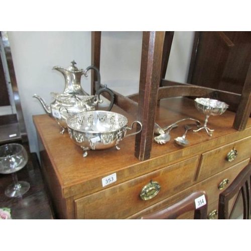 460 - A silver plate teapot, water jug, dishes and ladles.