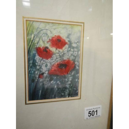 501 - A framed and glazed water colour study of poppies, signed Judy Linnell '94, image 10 x 14 cm