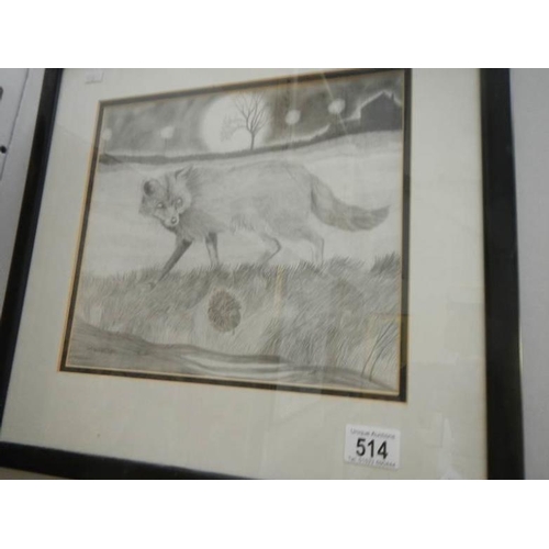 514 - A framed and glazed original pencil drawing 'Fox at Night', signed Graeme Sims, image 29 x 26 cm