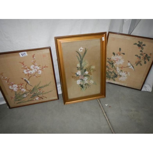 517 - 3 Chinese paintings on silk and another signed Mitchell