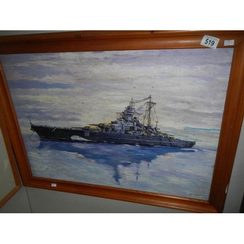 519 - An oil on board of a battleship signed Tither, image 70 x 50