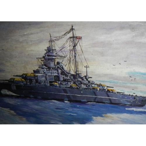 519 - An oil on board of a battleship signed Tither, image 70 x 50