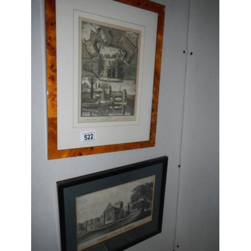 522 - 2 early framed and glazed engravings being 'Norwich', image 21 x 15 cm and 'Priory of Pluscarden' im... 