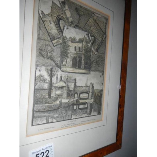 522 - 2 early framed and glazed engravings being 'Norwich', image 21 x 15 cm and 'Priory of Pluscarden' im... 