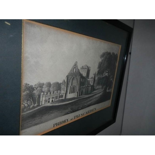 522 - 2 early framed and glazed engravings being 'Norwich', image 21 x 15 cm and 'Priory of Pluscarden' im... 