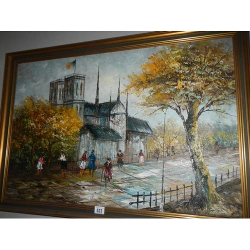 523 - A large oil on canvas French street scene, signed C Houston, image 60 x 90 cm