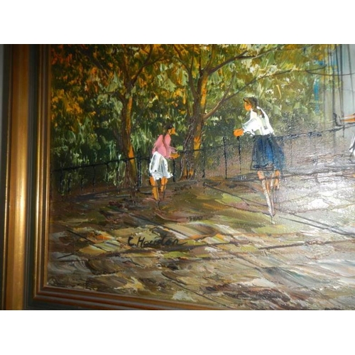 523 - A large oil on canvas French street scene, signed C Houston, image 60 x 90 cm