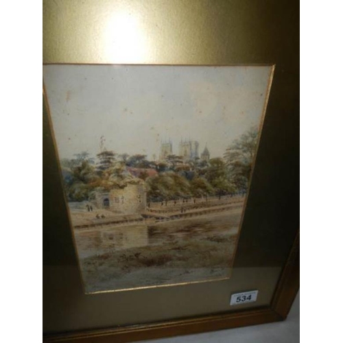 534 - A framed and glazed watercolour signed E Ridgdale Tate and dated 1915, image 18 x 26 cm