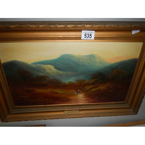 535 - A gilt framed 19th century oil on card entitled 'When the Sun is Low' unsigned (possibly Jennings), ... 