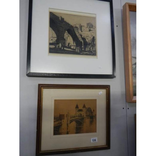 536 - 2 framed and glazed continental bridge pictures, one signed, images 25 x 19 and 29 x 25 cm