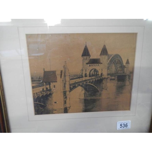 536 - 2 framed and glazed continental bridge pictures, one signed, images 25 x 19 and 29 x 25 cm