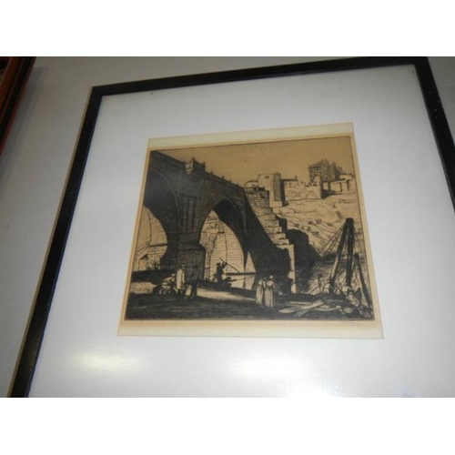 536 - 2 framed and glazed continental bridge pictures, one signed, images 25 x 19 and 29 x 25 cm