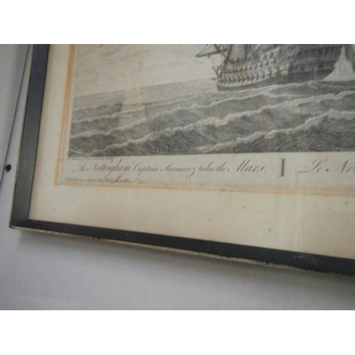 540 - An etching 'The Nottingham Captain Saumarez Takes the Mars' (1751), History on reverse, image 39 x 2... 