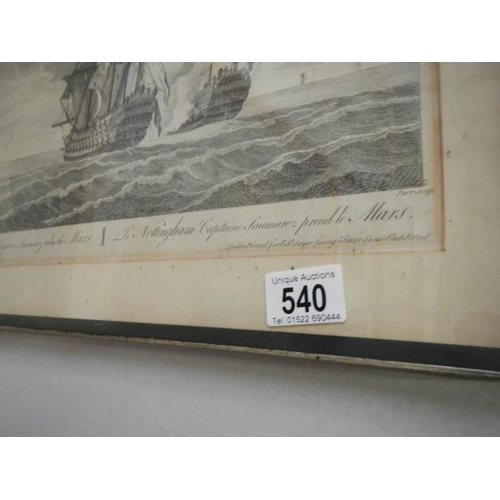 540 - An etching 'The Nottingham Captain Saumarez Takes the Mars' (1751), History on reverse, image 39 x 2... 