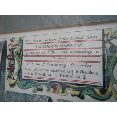 541 - An early framed and glazed road map, London to Barwick etc