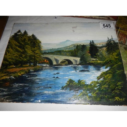 545 - 5 good unframed oils on board, one signed Ross 1977