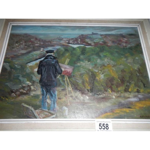 558 - An oil on board of an artist on the cliffs over Whitby, signed R P Garrod, image 39 x 27