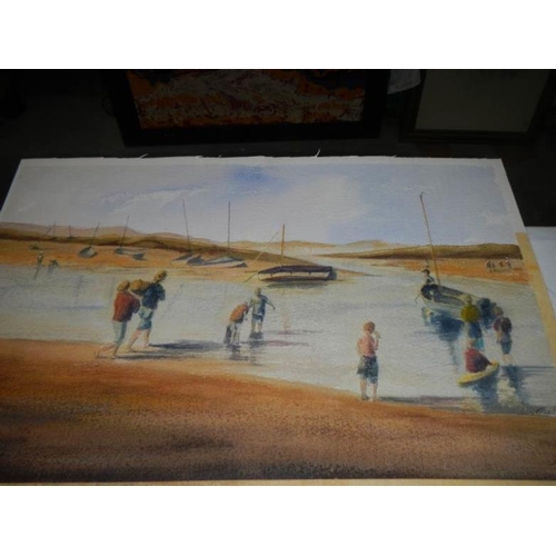 559 - An unframed watercolour beach scene with boats, signed but indistinct, image 49 x 30 cm