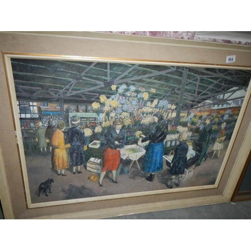 564 - A framed oil on canvas flower market scene signed Ben Buxton, image 90 x 60 cm