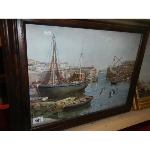 565 - A framed and glazed Vernon Ward print of a harbour scene, image 49 x 36 cm