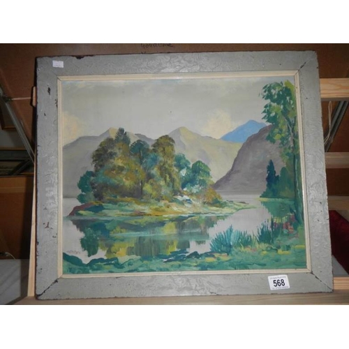 568 - A Robert Menzies oil on board entitled 'Macfarlanes Isle Loch Lomond', image 49 x 39 cm