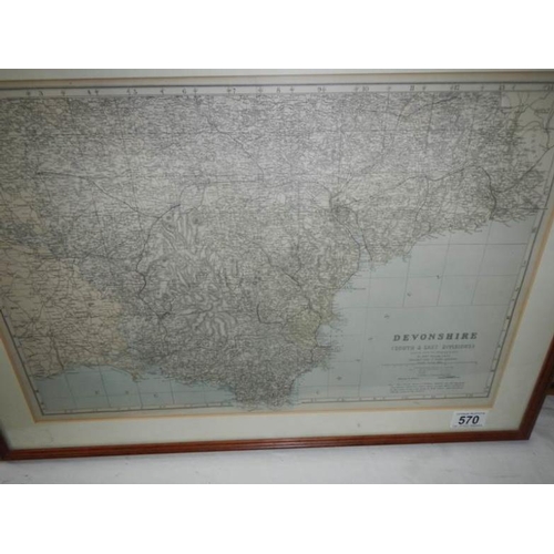 570 - 3 old framed and glazed maps and one missing glass including Germany, Devonshire etc