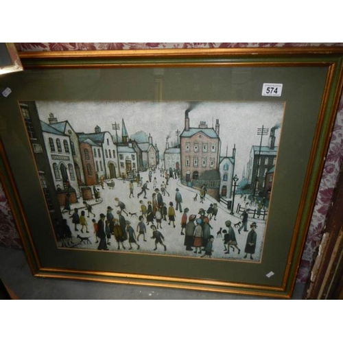 574 - A print by L S Lowry entitled 'The Village Square', images 60 x 45cm