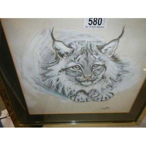 580 - 2 framed and glazed sketches of wild cats, signed Magda,  images 27 x 27 and 24 x 34 cm