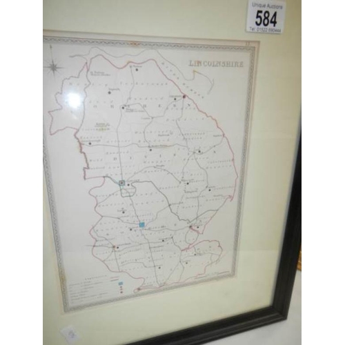 584 - An old framed and glazed map of Lincolnshire engraved by J C Walker, image 25 x 19