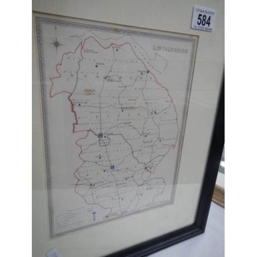 584 - An old framed and glazed map of Lincolnshire engraved by J C Walker, image 25 x 19