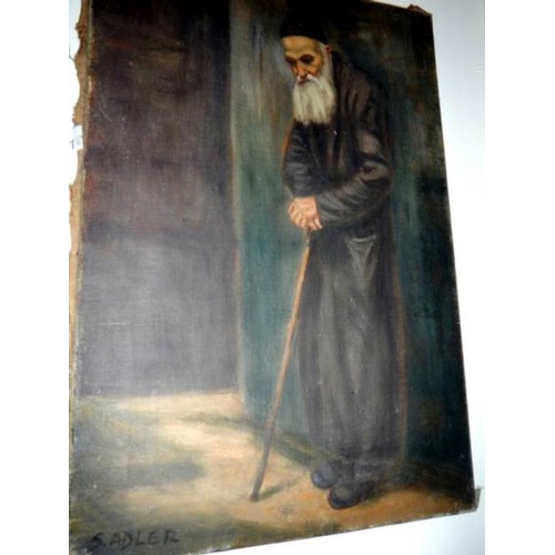 588 - An old oil on canvas full length portrait of a Jewish Rabbi signed S Adler, image 56 x 38 cm