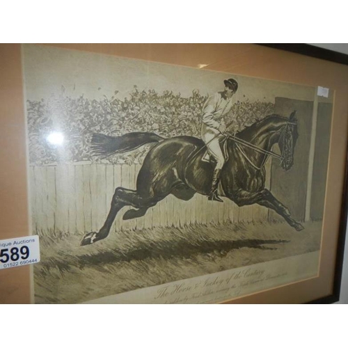 589 - A framed and glazed engraving 'Mighty Ormonde' ridded by Fred Archer, Doncaster, 1886, image 38 x 27... 