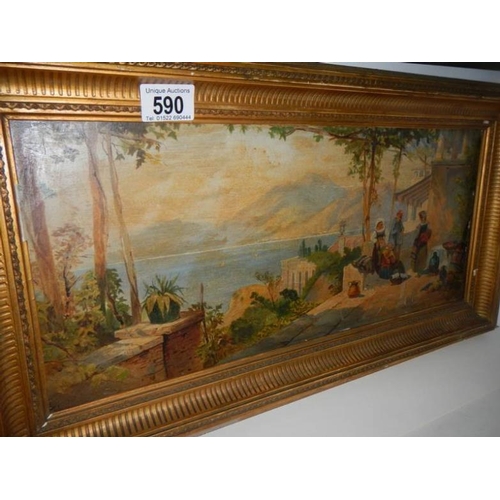 590 - A gilt framed oil on board Med scene, image 47 x 20 cm