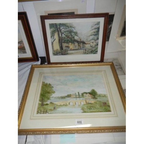 600 - 2 framed and glazed watercolours, a river scene, image 40 x 27 and a thatched cottage scene by E M S... 