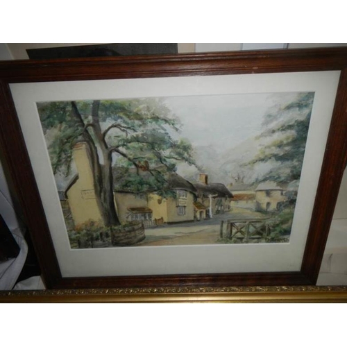 600 - 2 framed and glazed watercolours, a river scene, image 40 x 27 and a thatched cottage scene by E M S... 