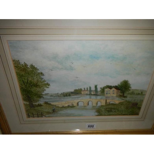 600 - 2 framed and glazed watercolours, a river scene, image 40 x 27 and a thatched cottage scene by E M S... 