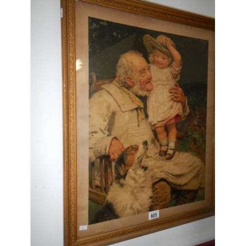 605 - A framed and glazed nostalgic study of Grandfather with Granddaughter signed Arthur G Elsley 1892, i... 