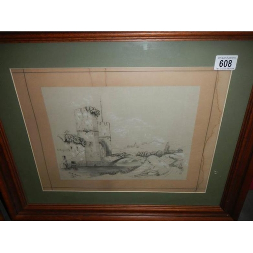 608 - A framed and glazed pencil drawing entitled 'In Burgundy' signed B M Brown, 1890, image 30.5 x 23cm