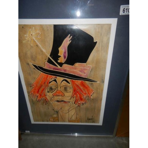 610 - A framed and glazed modern multi media painting of a clown signed Manahti, image 44.5 x 32 cm