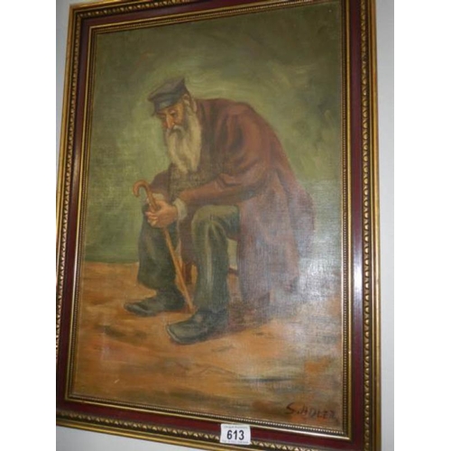 613 - A framed 19th century oil on canvas of a Jewish gentleman signed S Adler, image 55 x 37 cm