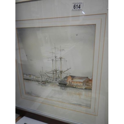 614 - A framed and glazed watercolour harbour scene, signed but indistinct, image 32 x 32 cm