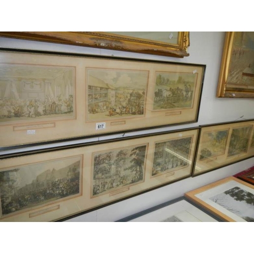 617 - 3 x 3 framed and glazed Rowlandson prints, framed size 94 x 29 cm